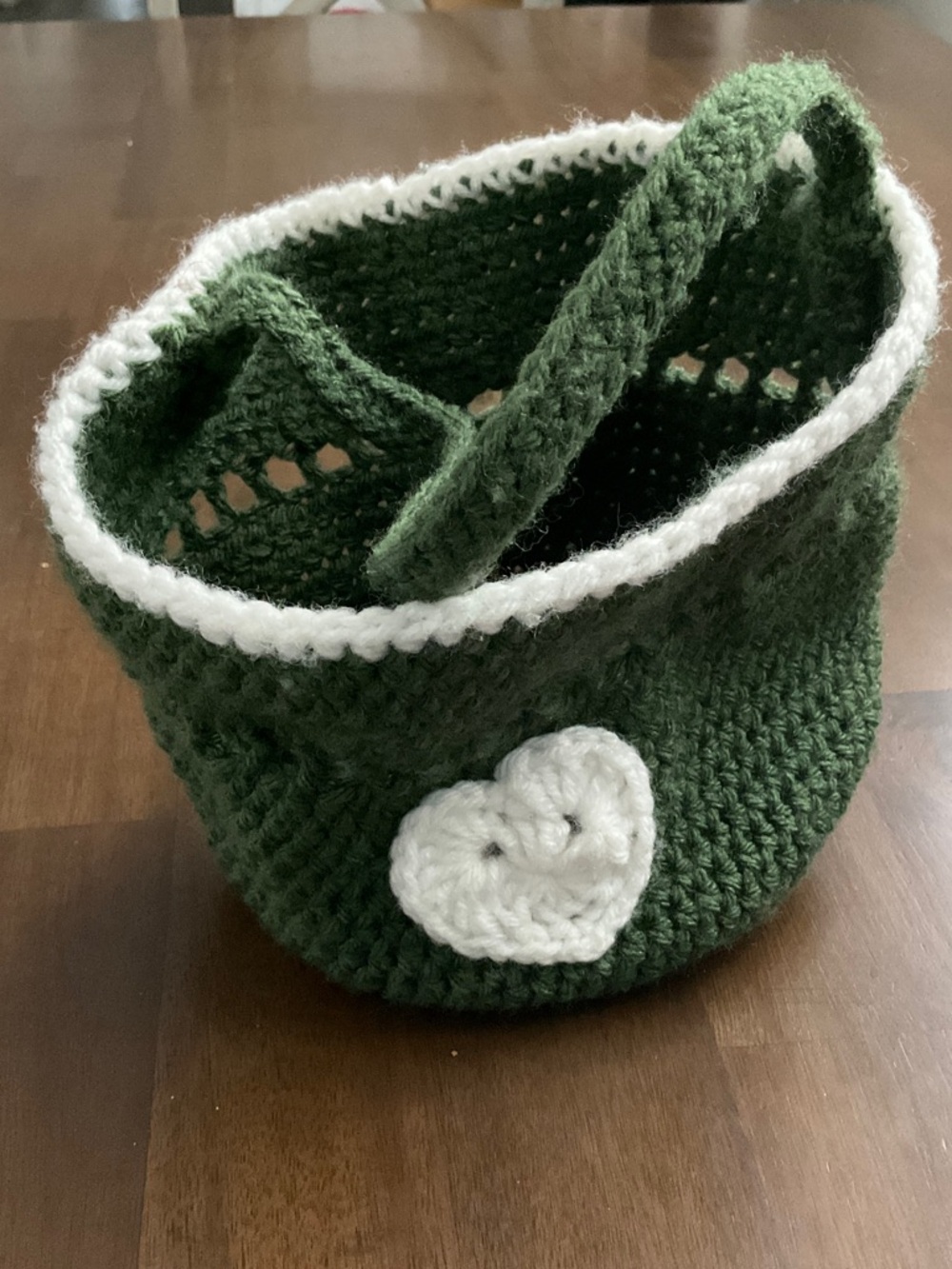 Crochet Green Bag with White Heart Accent